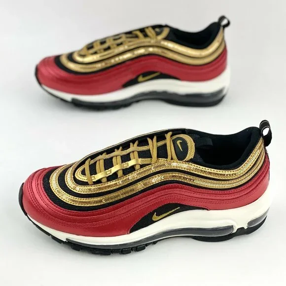 Nike Air Max 97 Red Gold Sequin Women's Sneaker Shoes Metallic - Picture 2 of 12